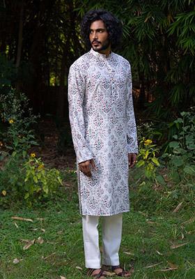 White Anaar Baag Digital Print Kurta For Men