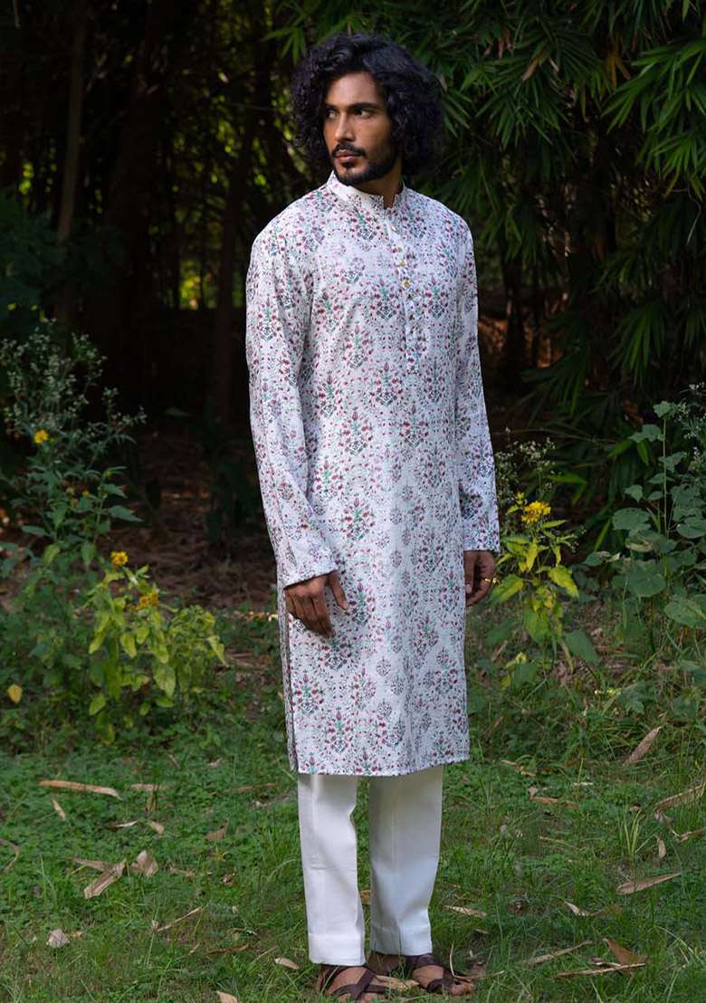 White Anaar Baag Digital Print Kurta For Men - Indya