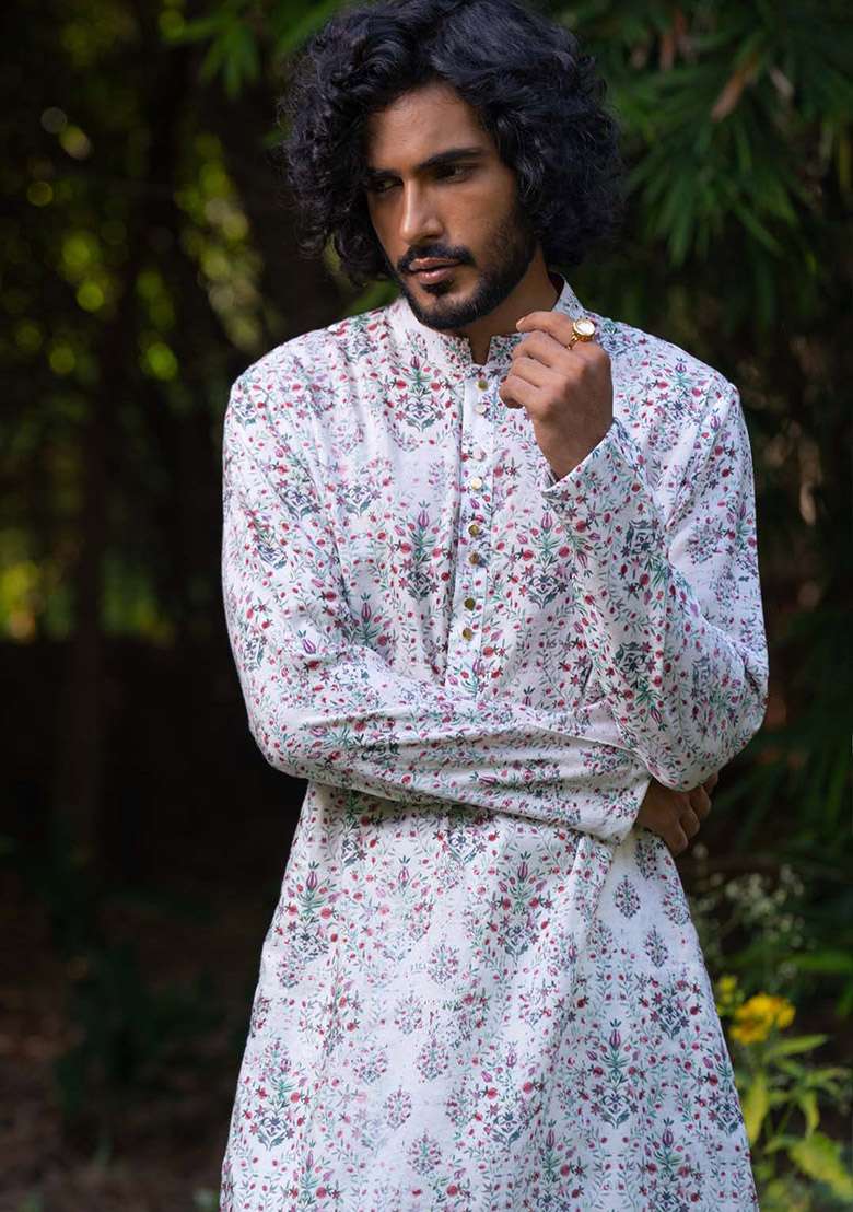 White Anaar Baag Digital Print Kurta For Men - Indya