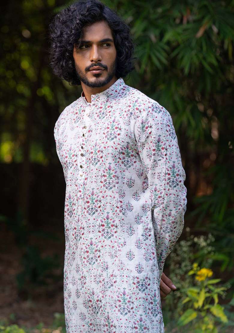 White Anaar Baag Digital Print Kurta For Men - Indya