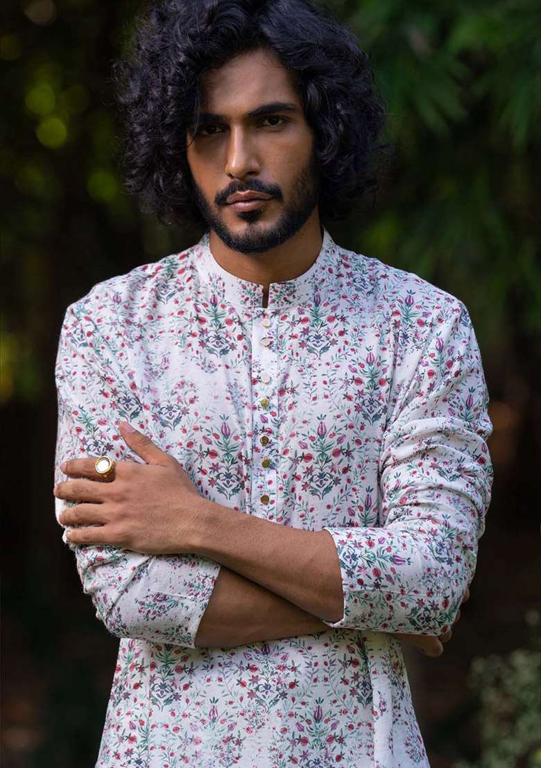White Anaar Baag Digital Print Kurta For Men - Indya