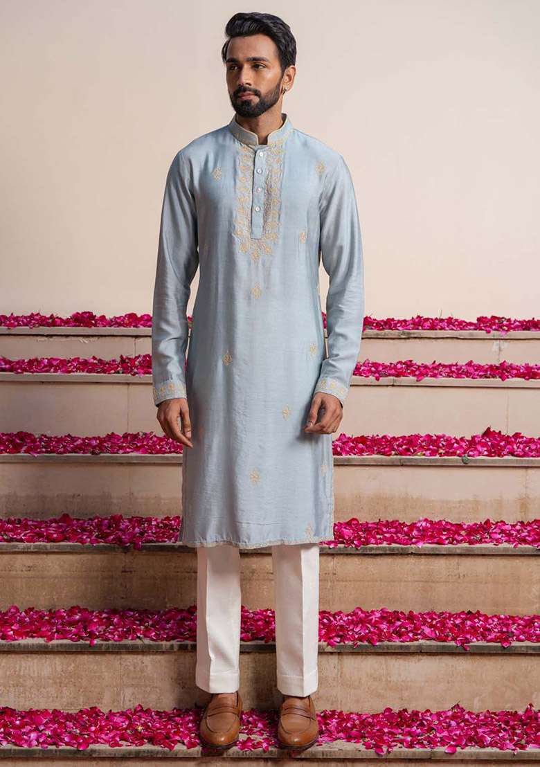 Blue Azure Digital Print Kurta For Men - Indya