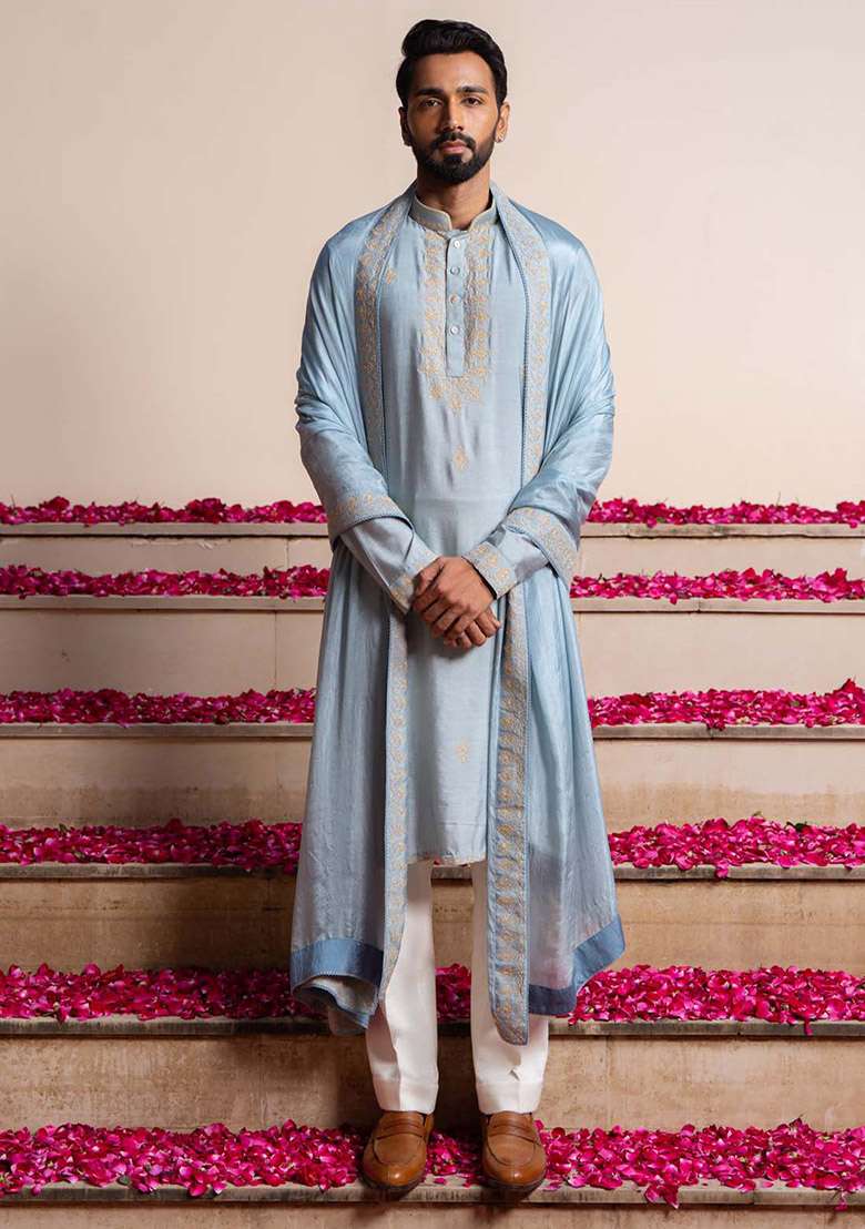 Blue Azure Digital Print Kurta For Men - Indya