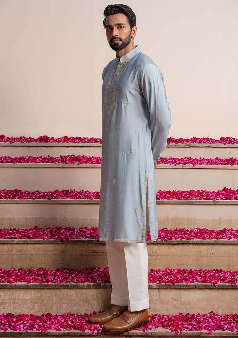 Blue Azure Digital Print Kurta For Men - Indya