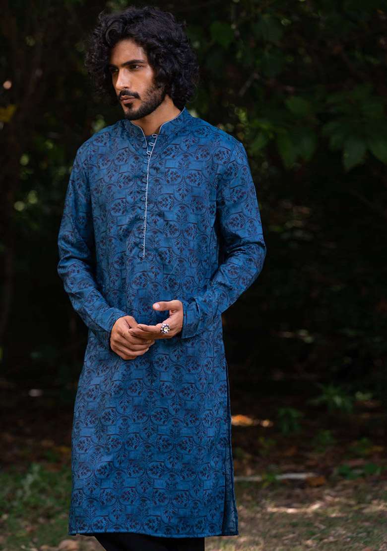 Cobalt Blue Neel Mosaic Digital Print Kurta For Men - Indya