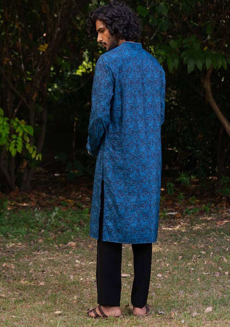 Cobalt Blue Neel Mosaic Digital Print Kurta For Men - Indya