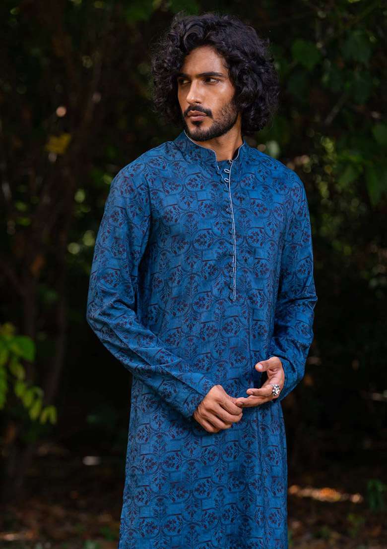 Cobalt Blue Neel Mosaic Digital Print Kurta For Men - Indya