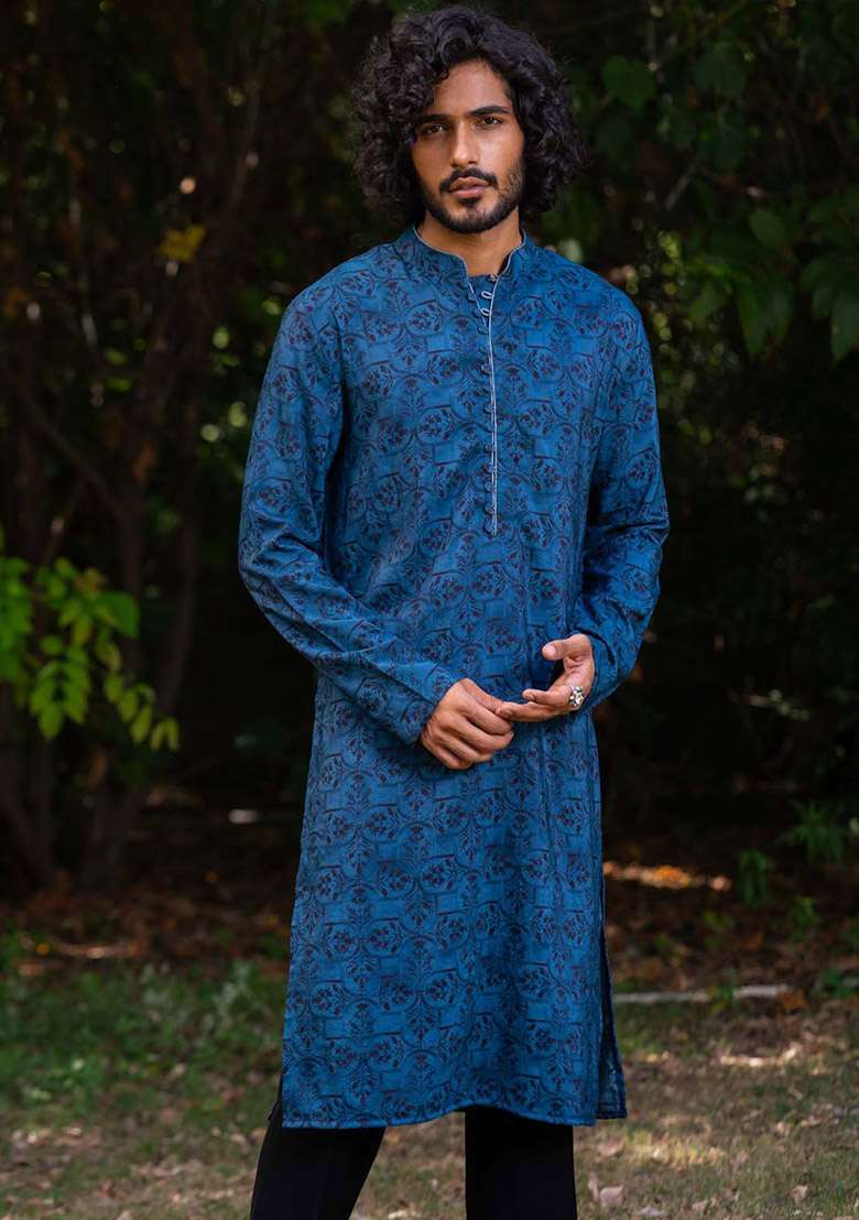 Cobalt Blue Neel Mosaic Digital Print Kurta For Men - Indya