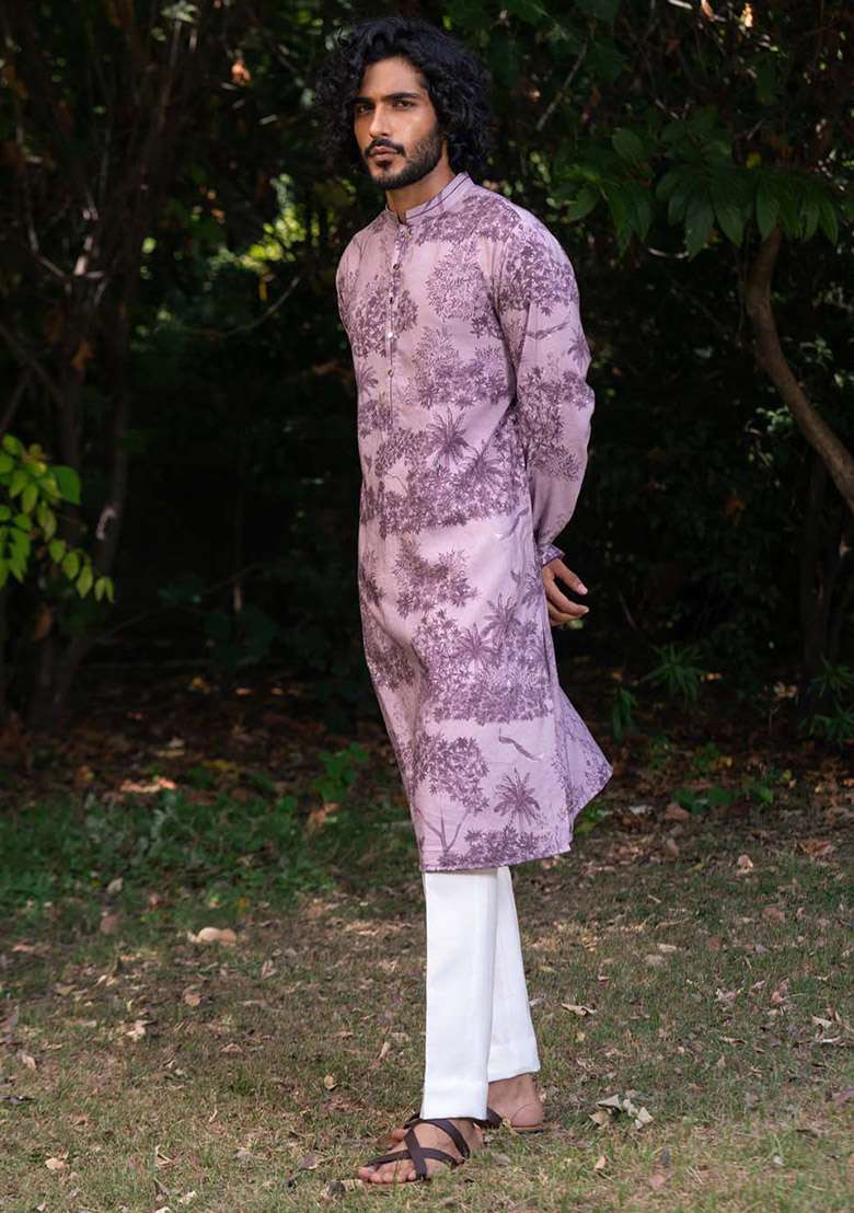 Lavender Jamun Vann Digital Print Kurta For Men - Indya