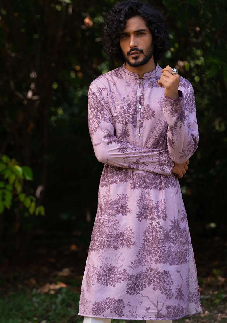 Lavender Jamun Vann Digital Print Kurta For Men - Indya
