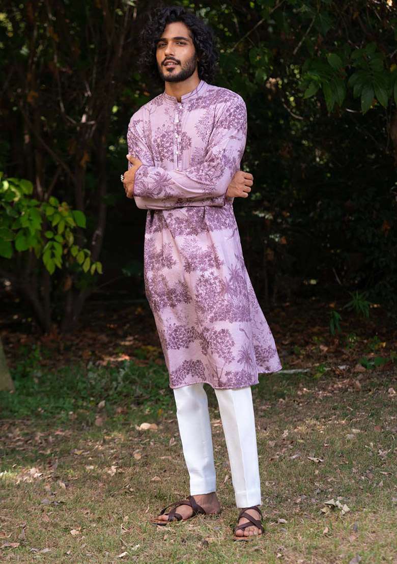 Lavender Jamun Vann Digital Print Kurta For Men - Indya