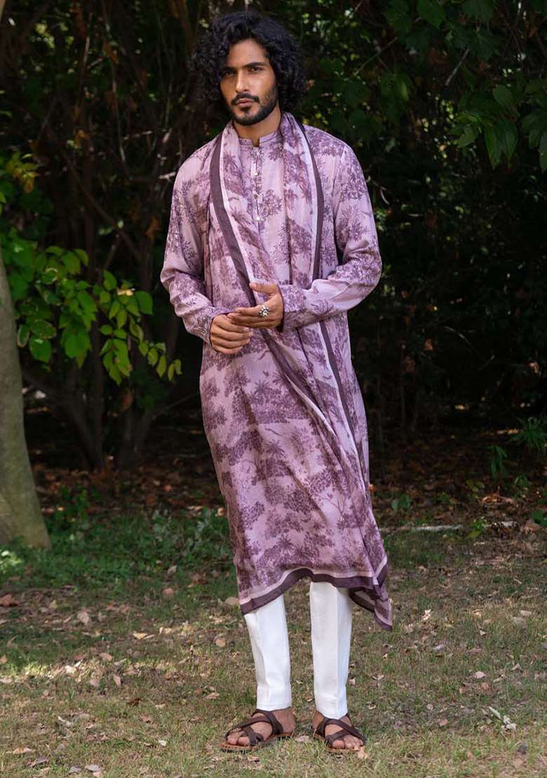 Lavender Jamun Vann Digital Print Kurta And Stole For Men - Indya