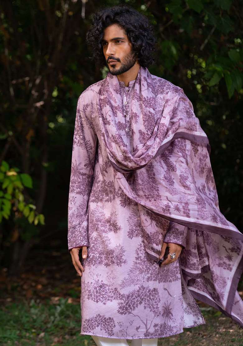 Lavender Jamun Vann Digital Print Kurta And Stole For Men - Indya
