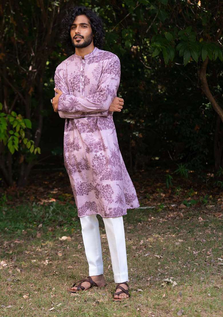 Lavender Jamun Vann Digital Print Kurta And Stole For Men - Indya