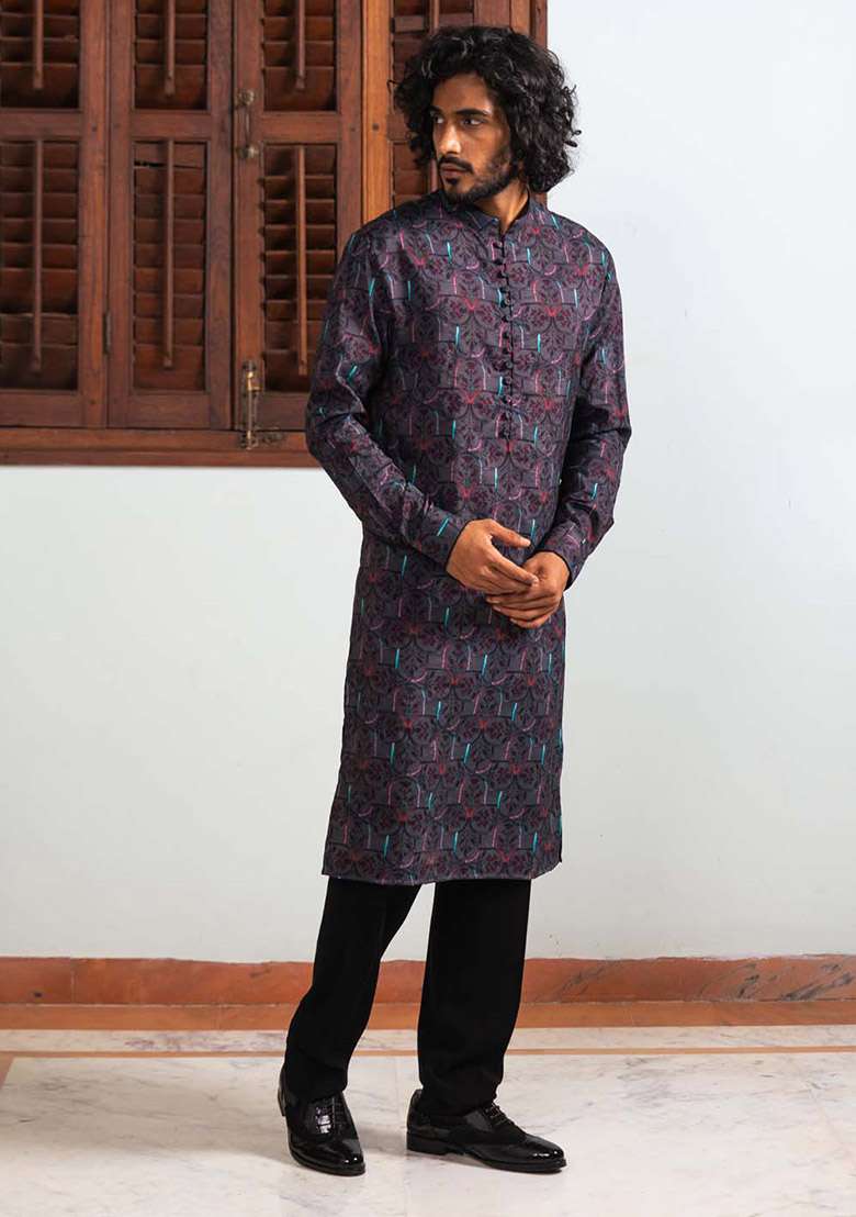 Black Sable Mosaic Digital Print Kurta For Men - Indya