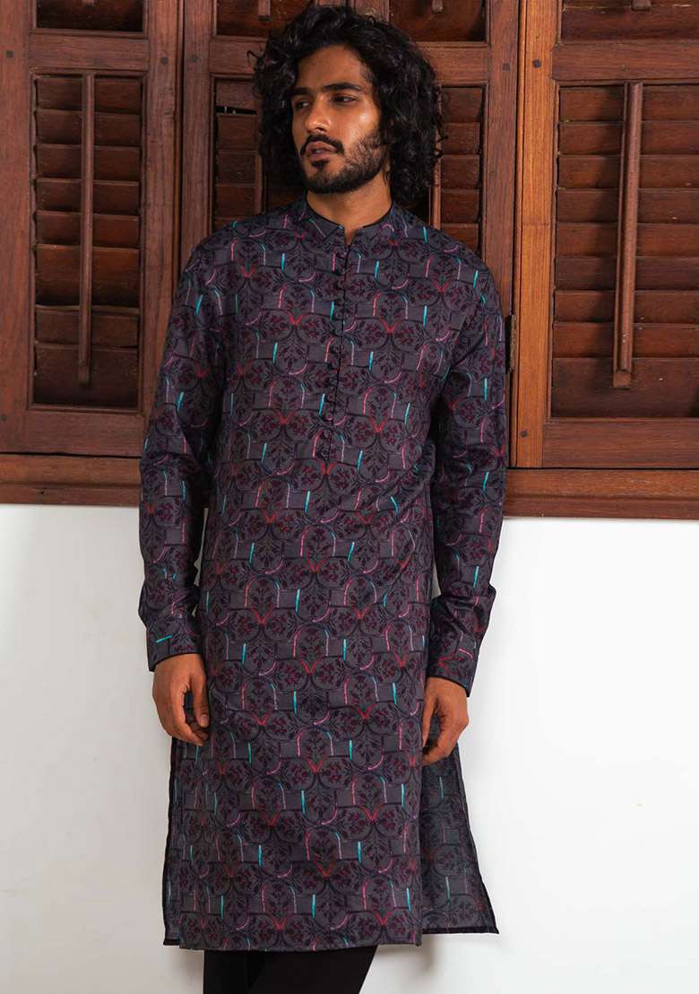Black Sable Mosaic Digital Print Kurta For Men - Indya