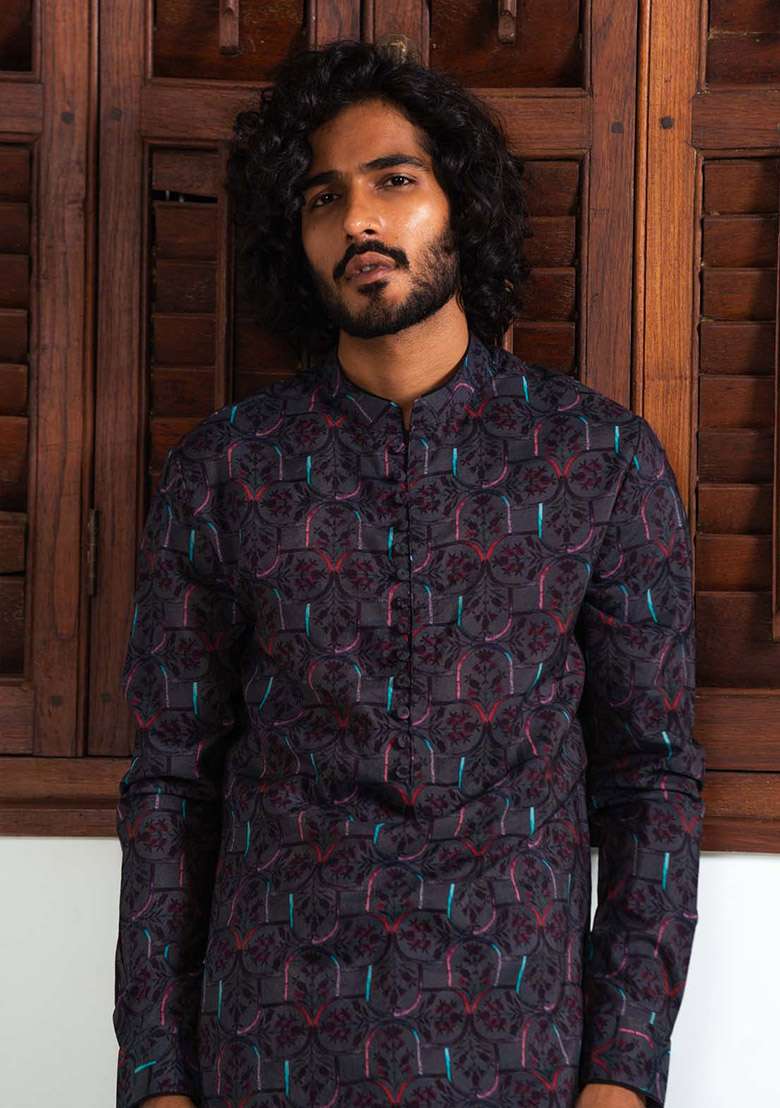 Black Sable Mosaic Digital Print Kurta For Men - Indya