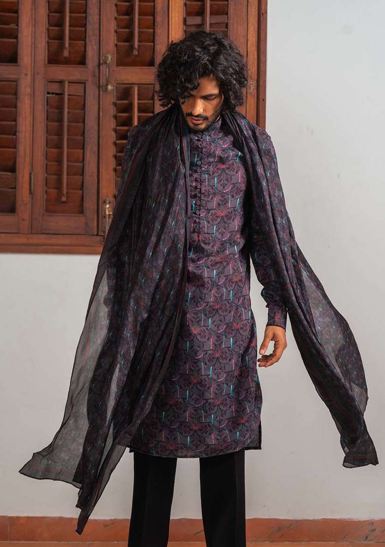Black Sable Mosaic Digital Print Kurta For Men - Indya