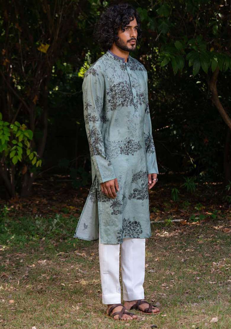 Green Vann Digital Print Kurta For Men - Indya
