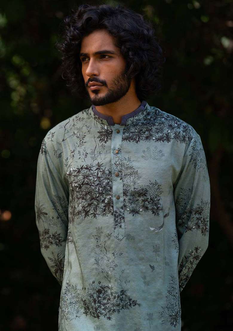 Green Vann Digital Print Kurta For Men - Indya