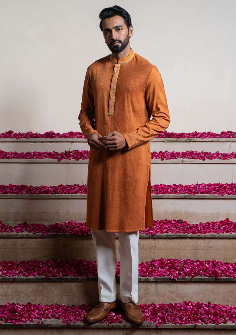 Orange Pintuck Kurta For Men - Indya