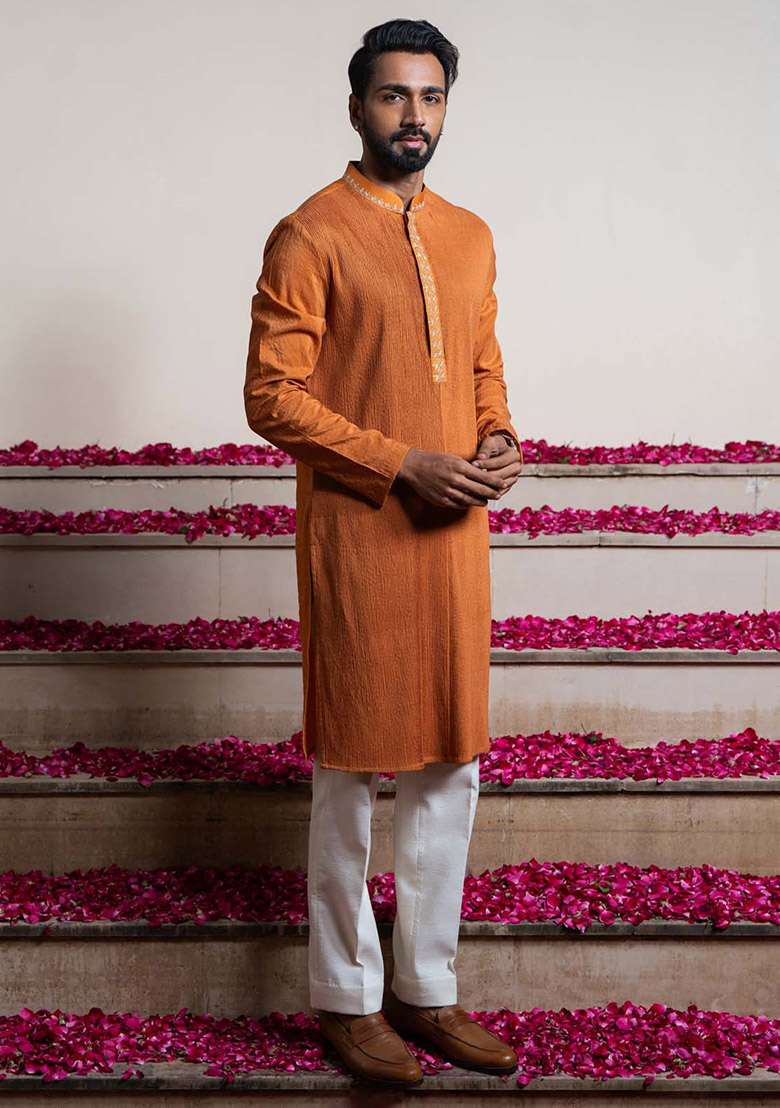 Orange Pintuck Kurta For Men - Indya