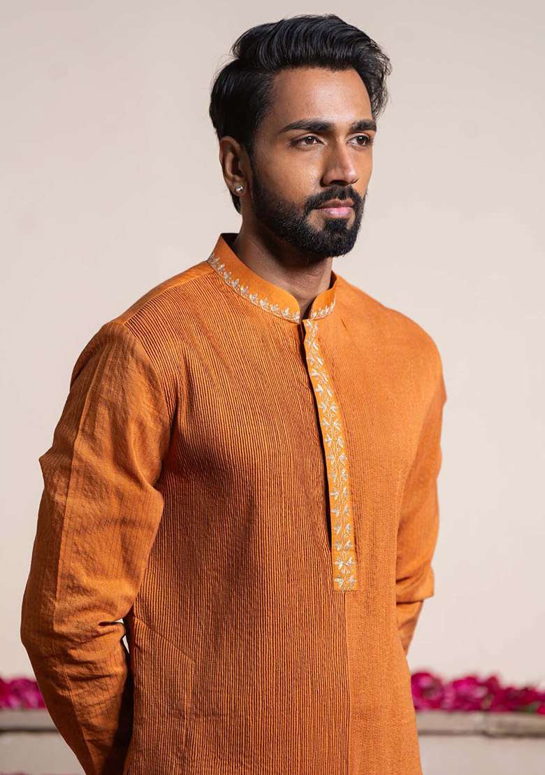 Orange Pintuck Kurta For Men - Indya