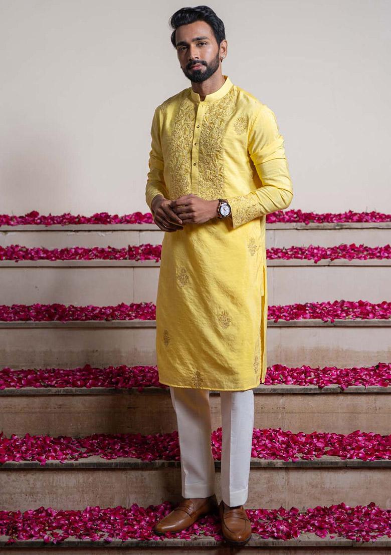 Yellow Floral Embroidered Kurta For Men - Indya
