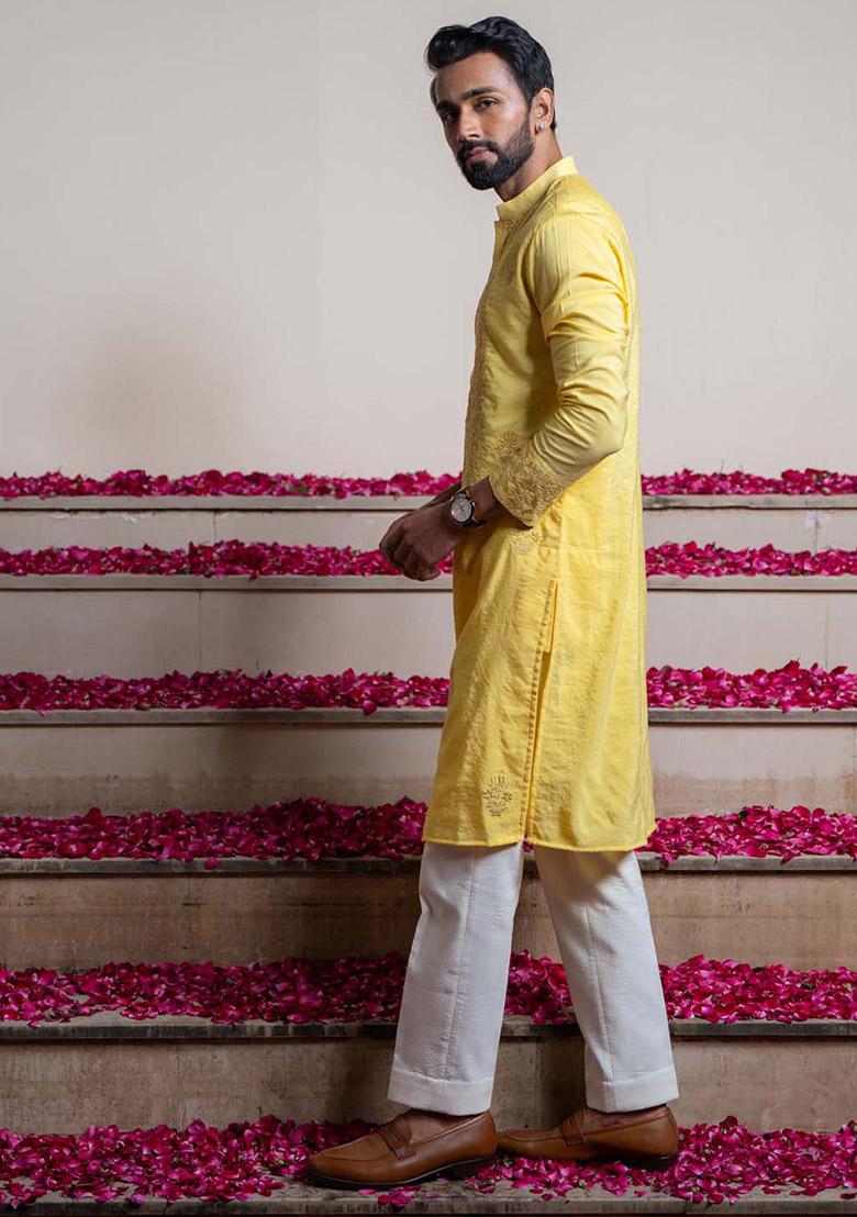 Yellow Floral Embroidered Kurta For Men - Indya