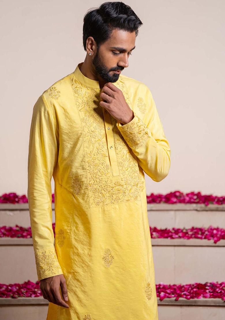 Yellow Floral Embroidered Kurta For Men - Indya
