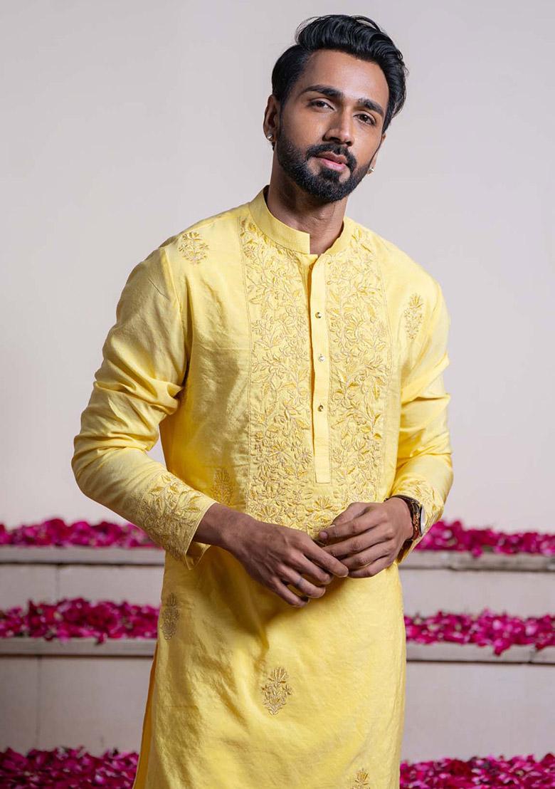 Yellow Floral Embroidered Kurta For Men - Indya