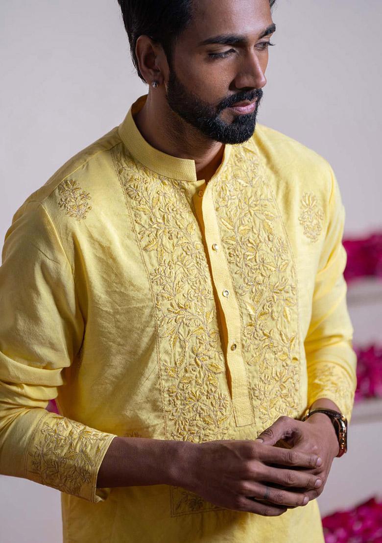 Yellow Floral Embroidered Kurta For Men - Indya