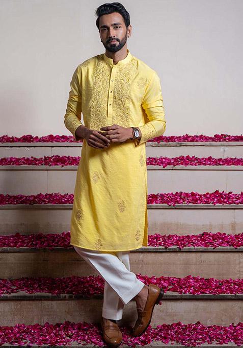 Yellow Floral Embroidered Kurta For Men