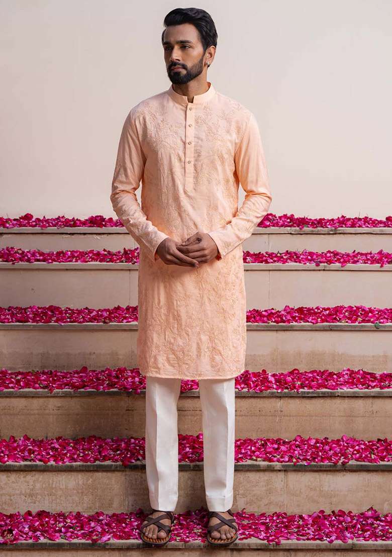 Peach Dori Work Kurta For Men - Indya