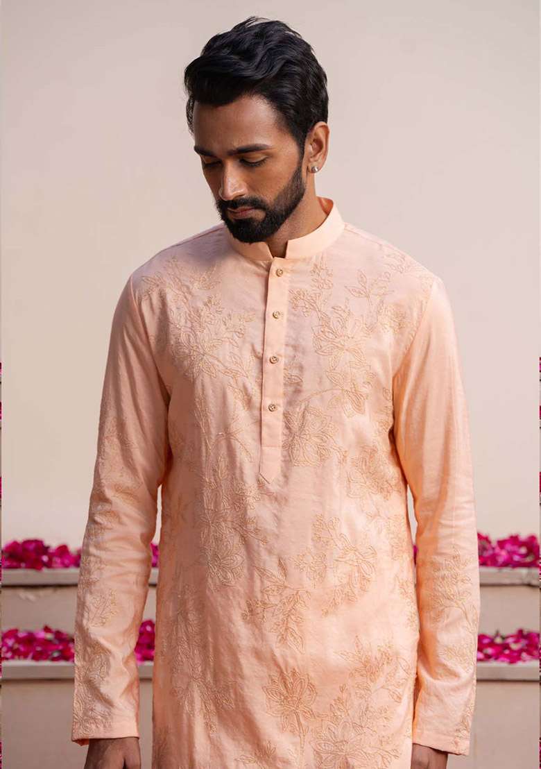Peach Dori Work Kurta For Men - Indya