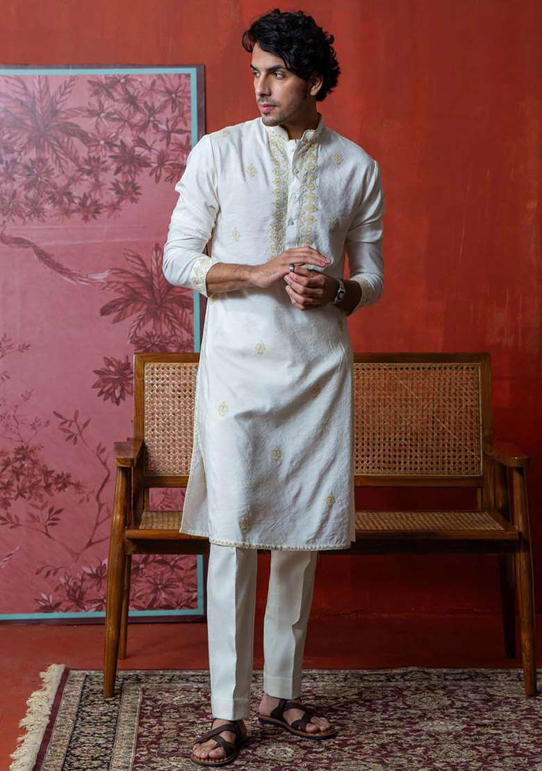 White Dori Blossom Embroidered Kurta For Men - Indya
