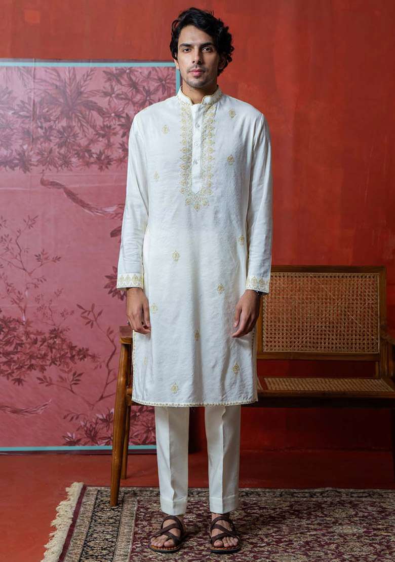 White Dori Blossom Embroidered Kurta For Men - Indya