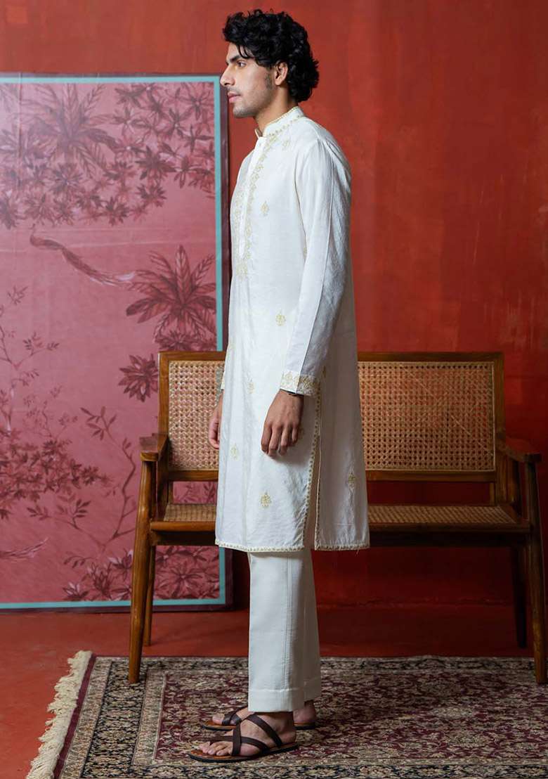 White Dori Blossom Embroidered Kurta For Men - Indya