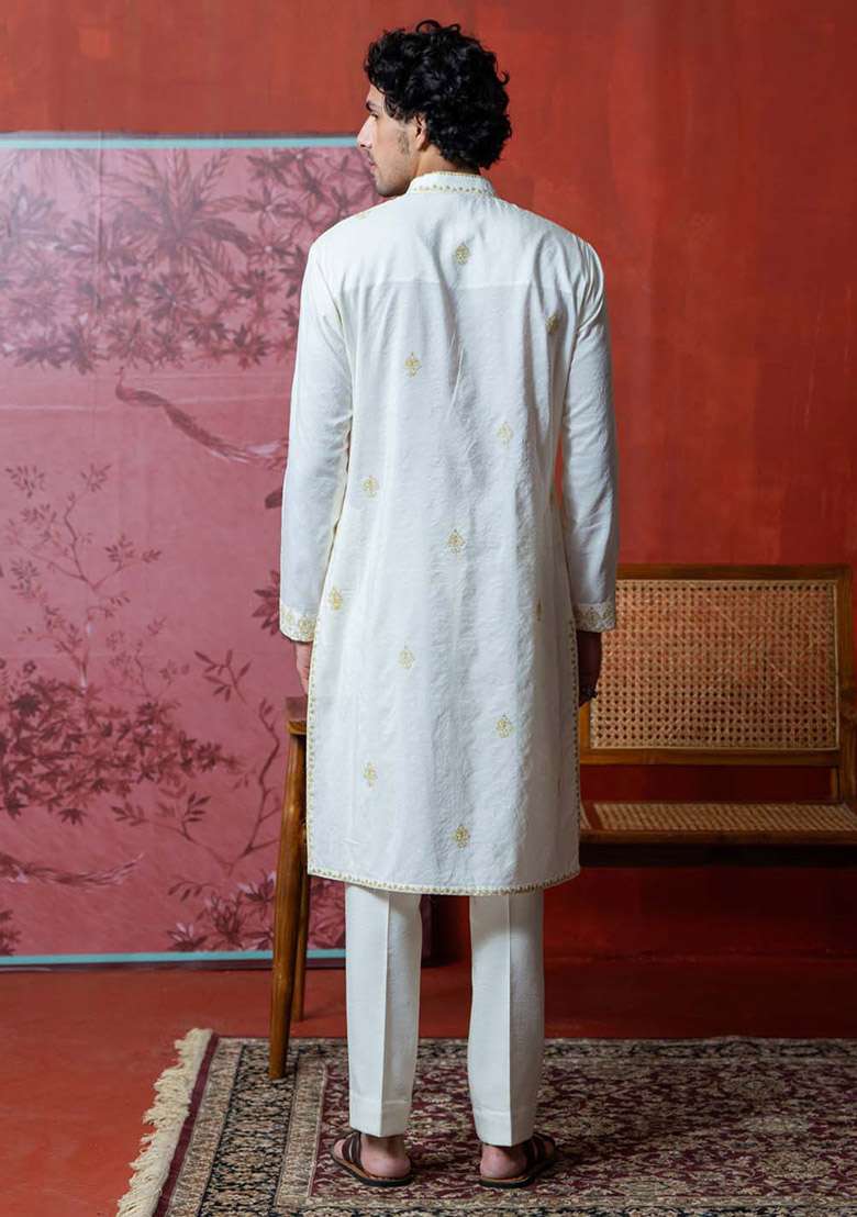 White Dori Blossom Embroidered Kurta For Men - Indya