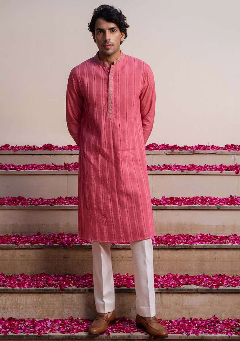 Pink Pintuck Kurta For Men - Indya