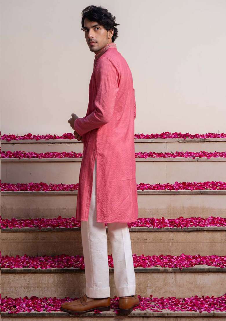 Pink Pintuck Kurta For Men - Indya