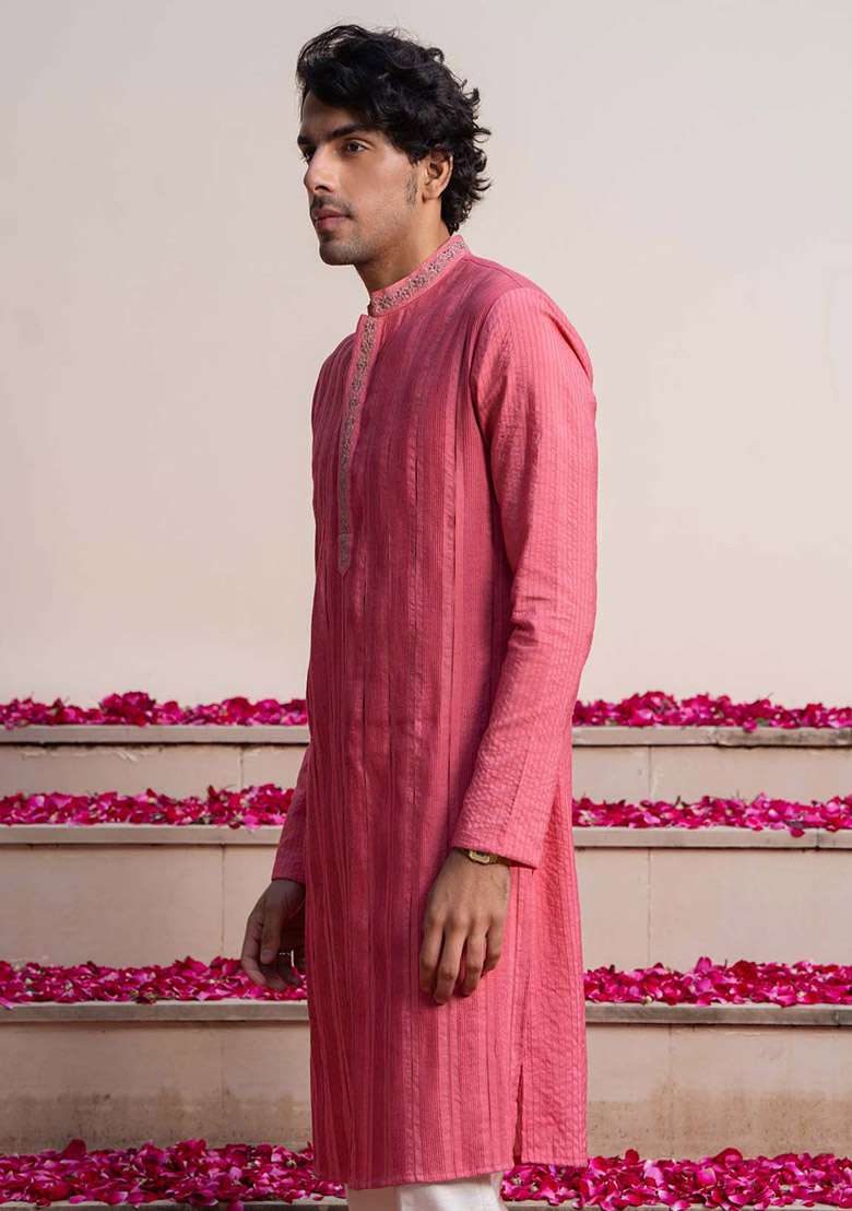Pink Pintuck Kurta For Men - Indya