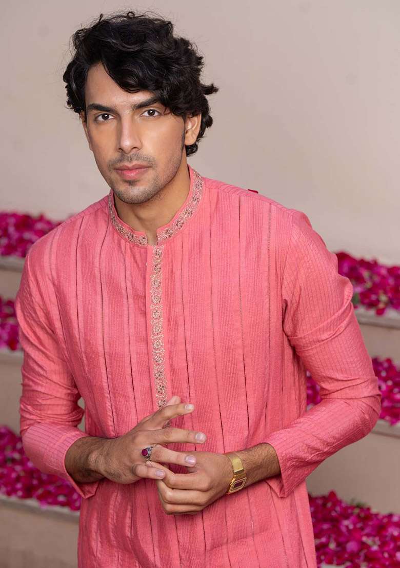 Pink Pintuck Kurta For Men - Indya