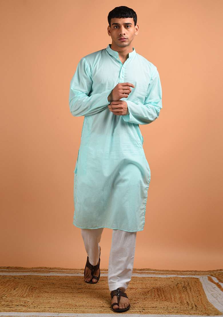 Ice Blue Solid Cotton Kurta - Indya