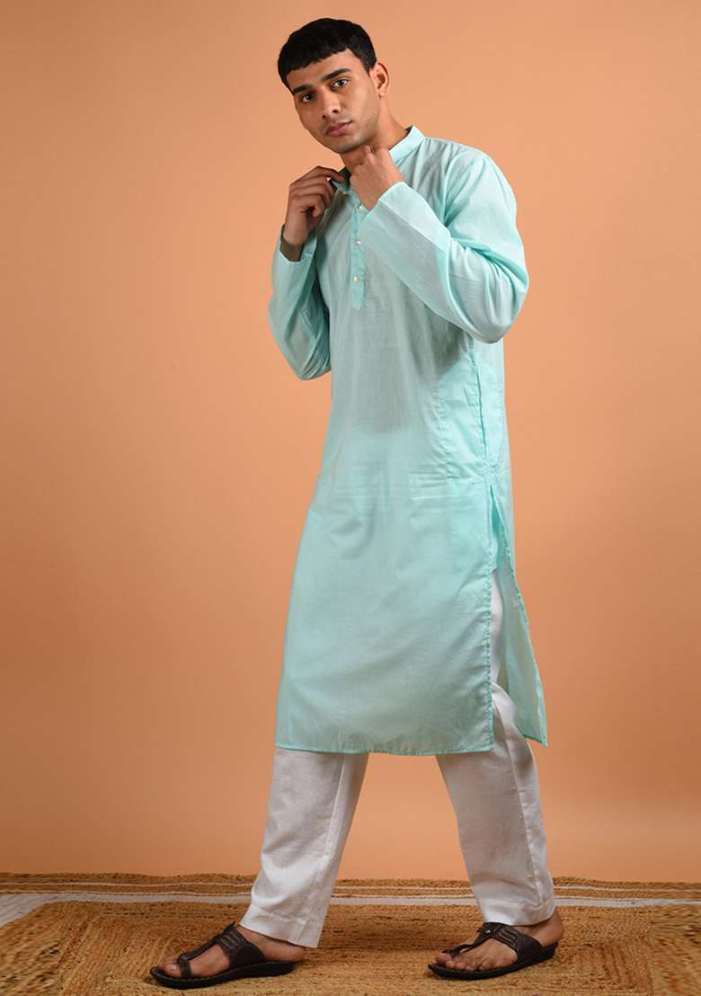 Ice Blue Solid Cotton Kurta - Indya