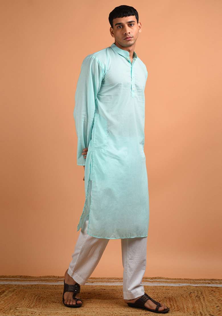 Ice Blue Solid Cotton Kurta - Indya