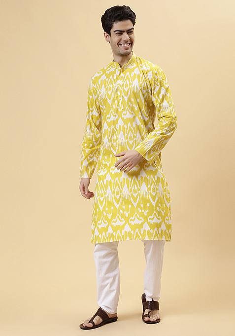 Yellow Ikat Printed Cotton Kurta