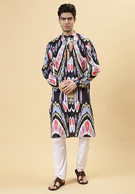Black Ikat Printed Cotton Kurta