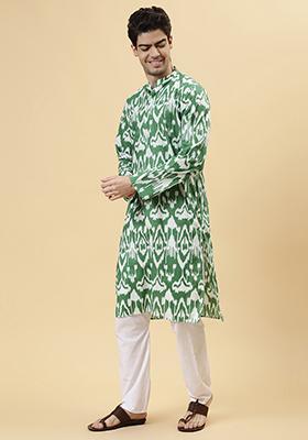 Green Ikat Printed Cotton Kurta