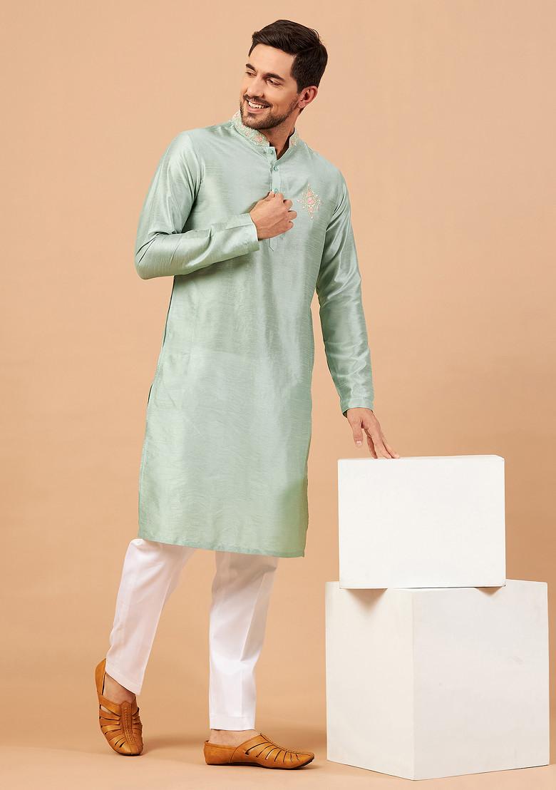 Pastel Green Amil Embroidered Raw Silk Kurta For Men